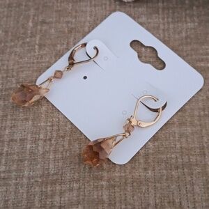 Gold Tone Lever Back Champagne Faceted Glass Dangle Earrings